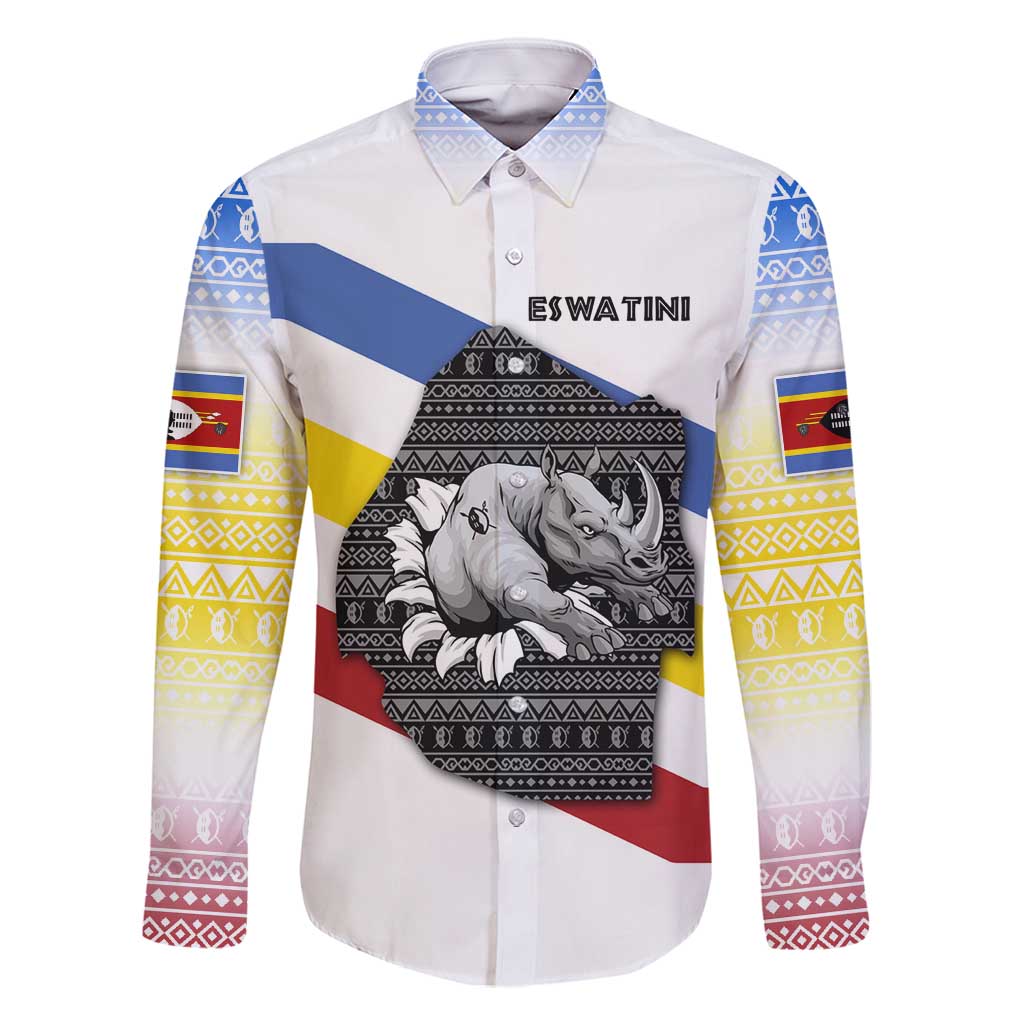 Eswatini Rhino Family Matching Off Shoulder Short Dress and Hawaiian Shirt with African Map and Traditional Swazi Flag Patterns