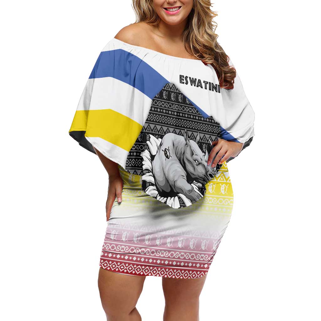 Eswatini Rhino Family Matching Off Shoulder Short Dress and Hawaiian Shirt with African Map and Traditional Swazi Flag Patterns