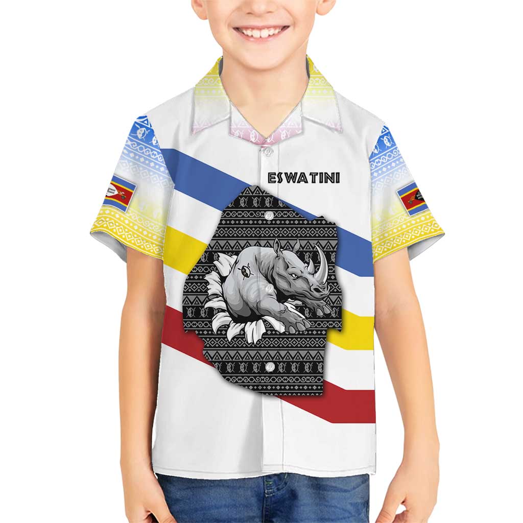 Eswatini Rhino Family Matching Off Shoulder Short Dress and Hawaiian Shirt with African Map and Traditional Swazi Flag Patterns