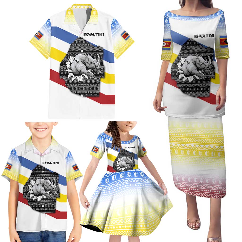 Eswatini Rhino Family Matching Puletasi and Hawaiian Shirt with African Map and Traditional Swazi Flag Patterns