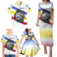 Eswatini Rhino Family Matching Puletasi and Hawaiian Shirt with African Map and Traditional Swazi Flag Patterns
