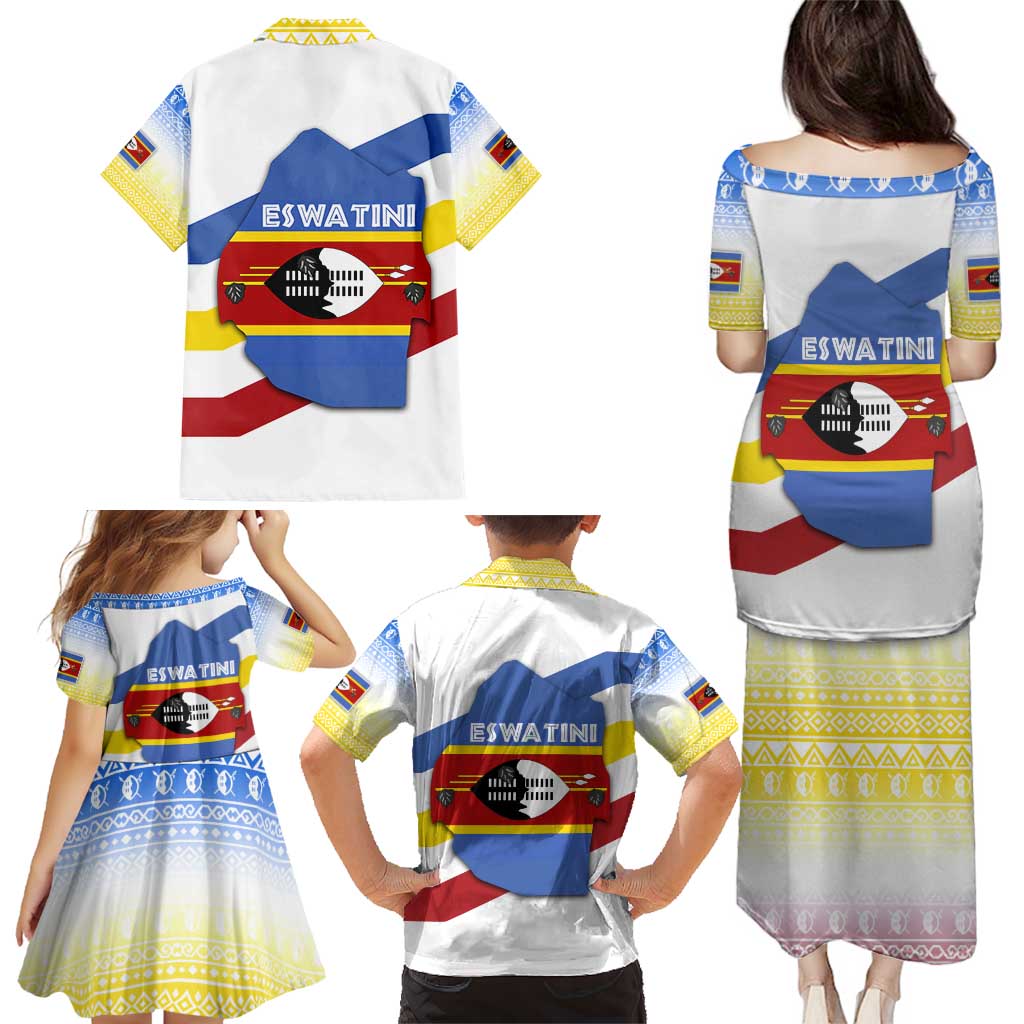 Eswatini Rhino Family Matching Puletasi and Hawaiian Shirt with African Map and Traditional Swazi Flag Patterns