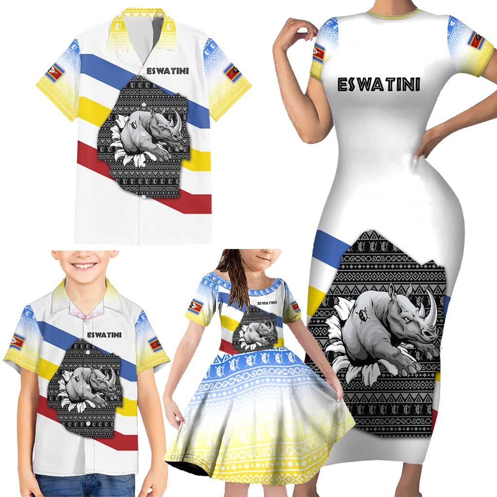 Eswatini Rhino Family Matching Short Sleeve Bodycon Dress and Hawaiian Shirt with African Map and Traditional Swazi Flag Patterns