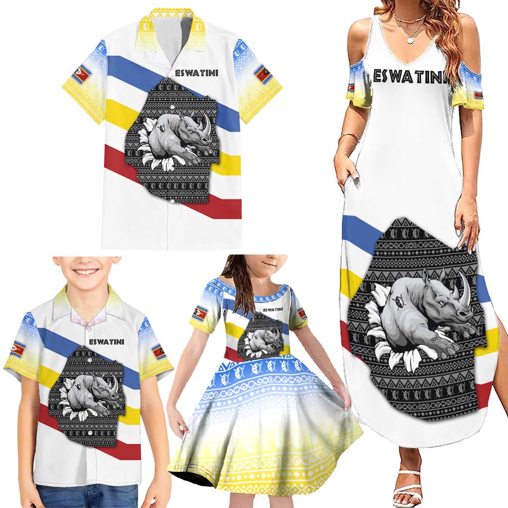 Eswatini Rhino Family Matching Summer Maxi Dress and Hawaiian Shirt with African Map and Traditional Swazi Flag Patterns