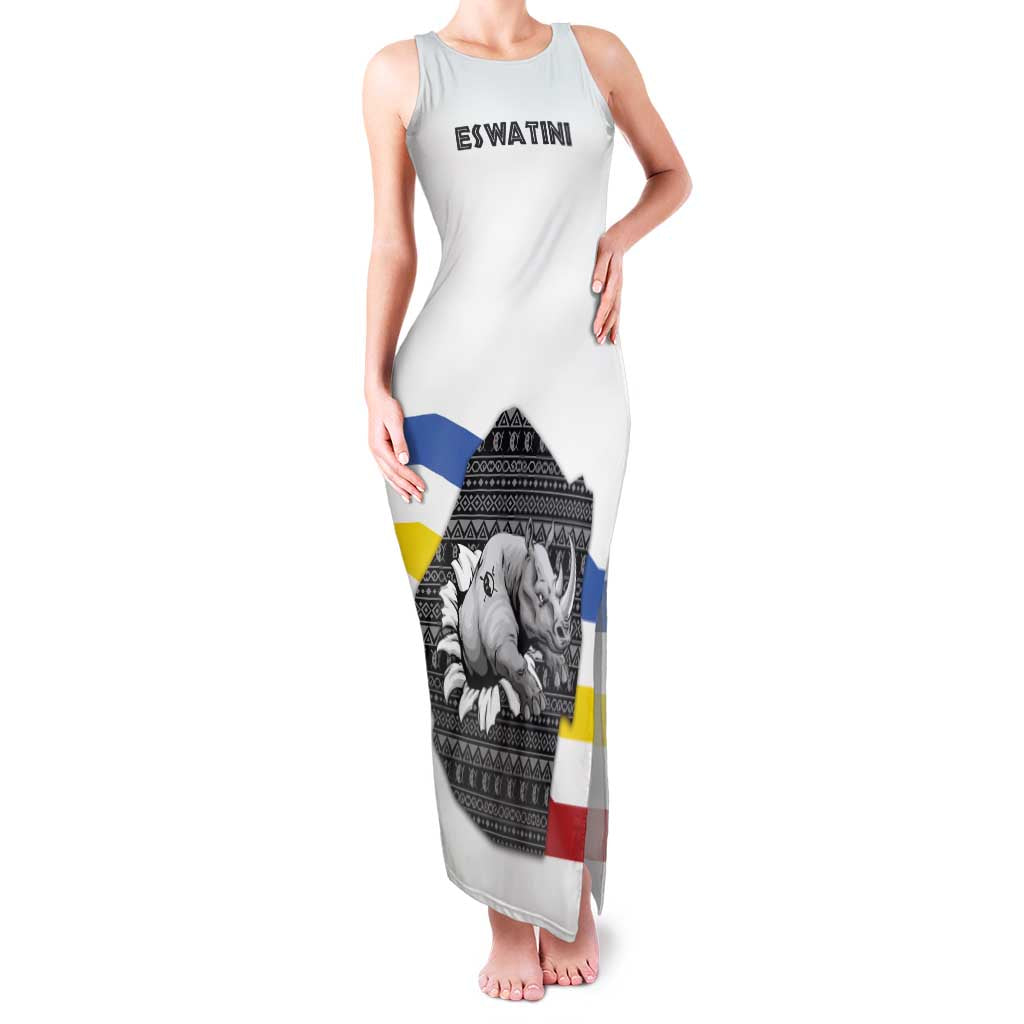 Eswatini Rhino Family Matching Tank Maxi Dress and Hawaiian Shirt with African Map and Traditional Swazi Flag Patterns