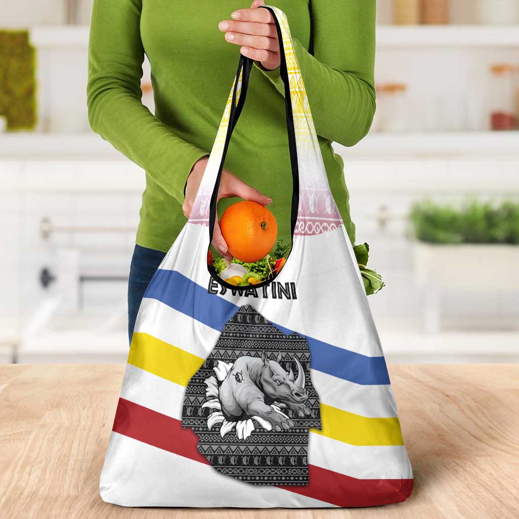 Eswatini Rhino Grocery Bag with African Map and Traditional Swazi Flag Patterns