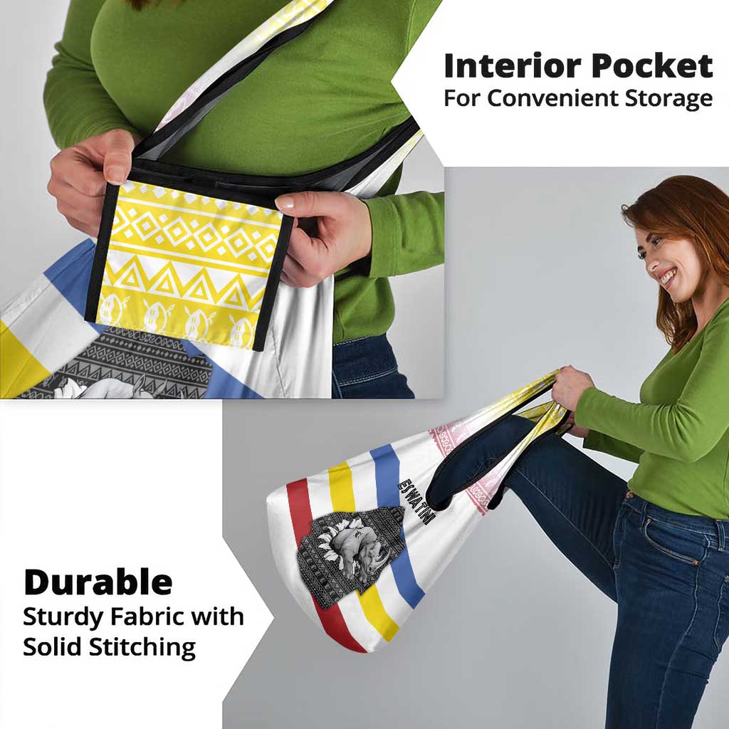 Eswatini Rhino Grocery Bag with African Map and Traditional Swazi Flag Patterns