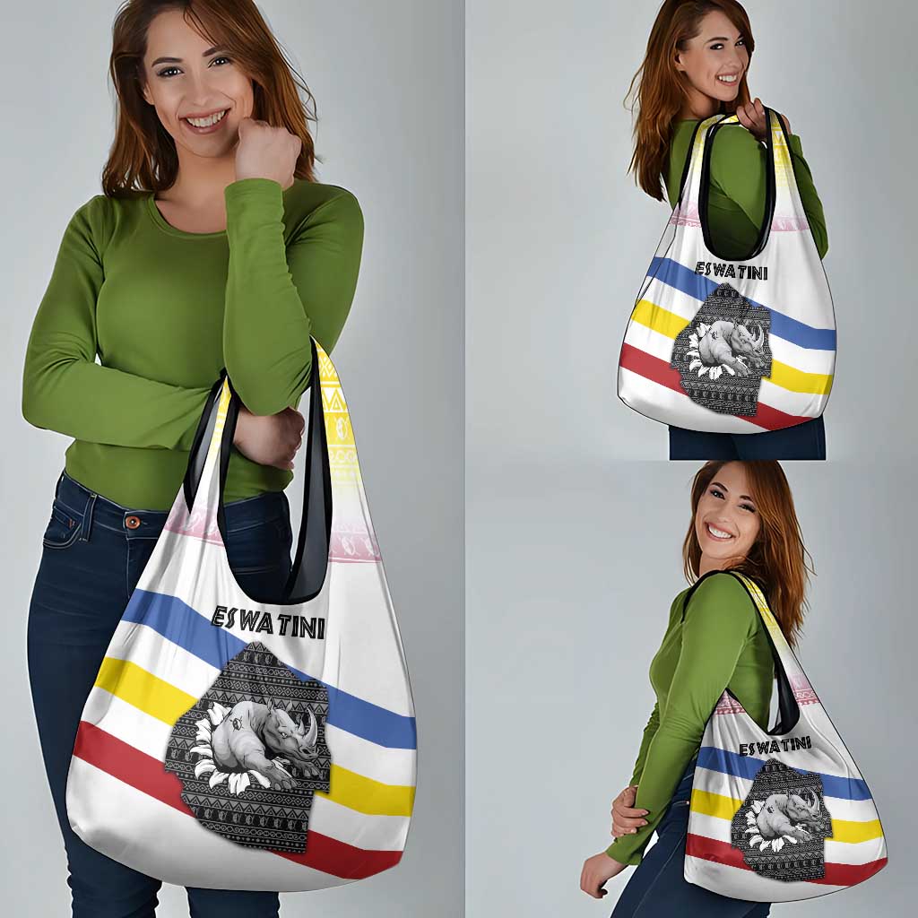 Eswatini Rhino Grocery Bag with African Map and Traditional Swazi Flag Patterns