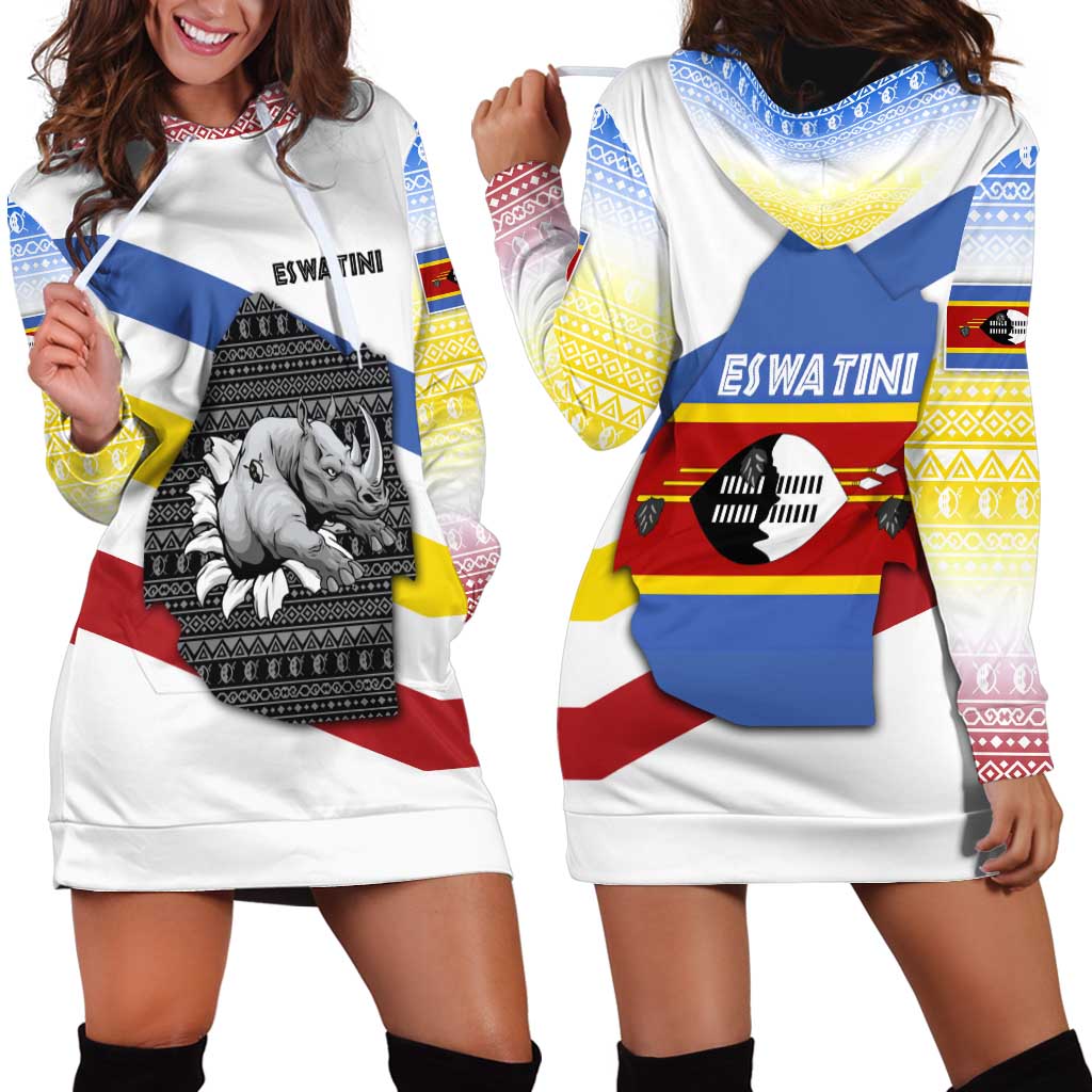 Eswatini Rhino Hoodie Dress with African Map and Traditional Swazi Flag Patterns