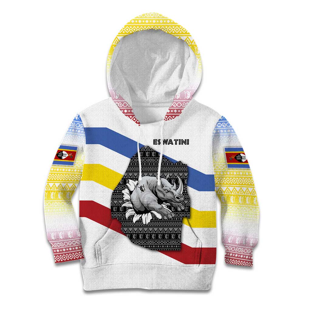 Eswatini Rhino Kid Hoodie with African Map and Traditional Swazi Flag Patterns