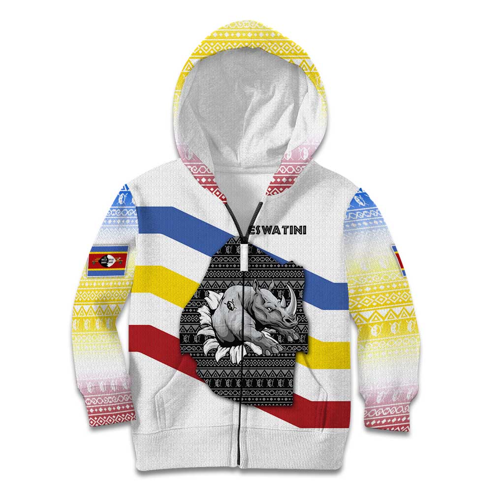 Eswatini Rhino Kid Hoodie with African Map and Traditional Swazi Flag Patterns