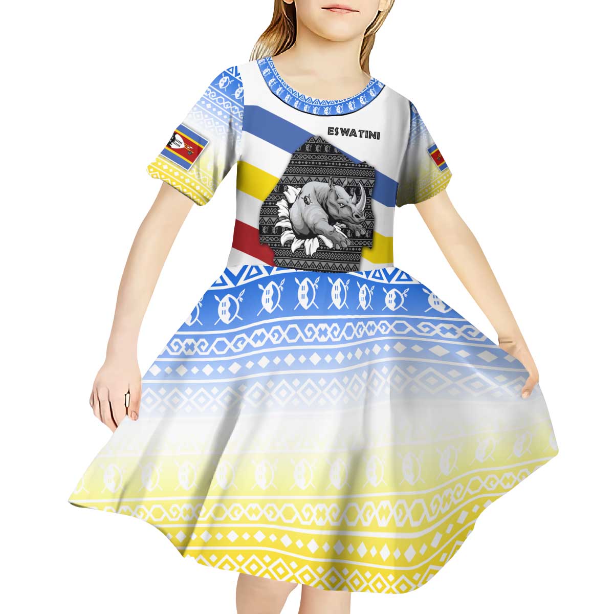 Eswatini Rhino Kid Short Sleeve Dress with African Map and Traditional Swazi Flag Patterns