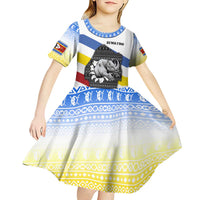 Eswatini Rhino Kid Short Sleeve Dress with African Map and Traditional Swazi Flag Patterns