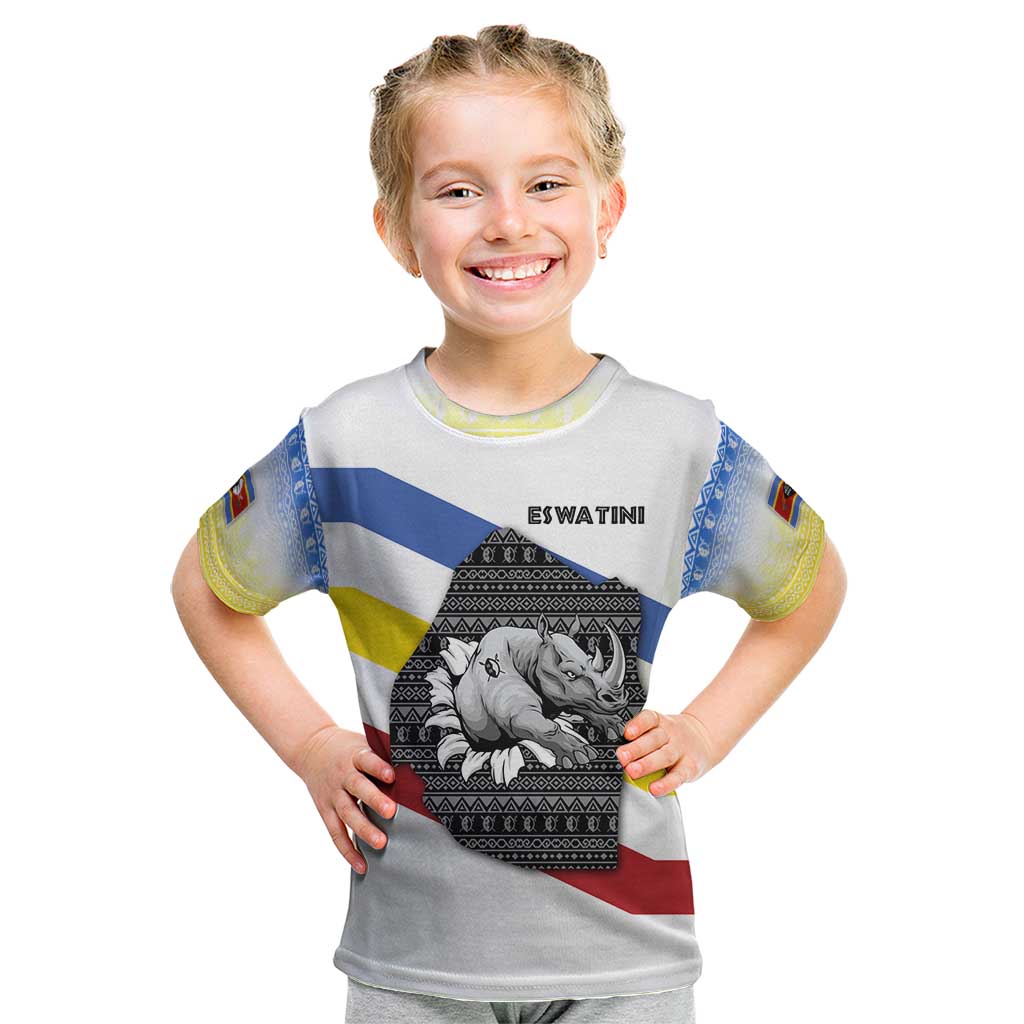 Eswatini Rhino Kid T Shirt with African Map and Traditional Swazi Flag Patterns