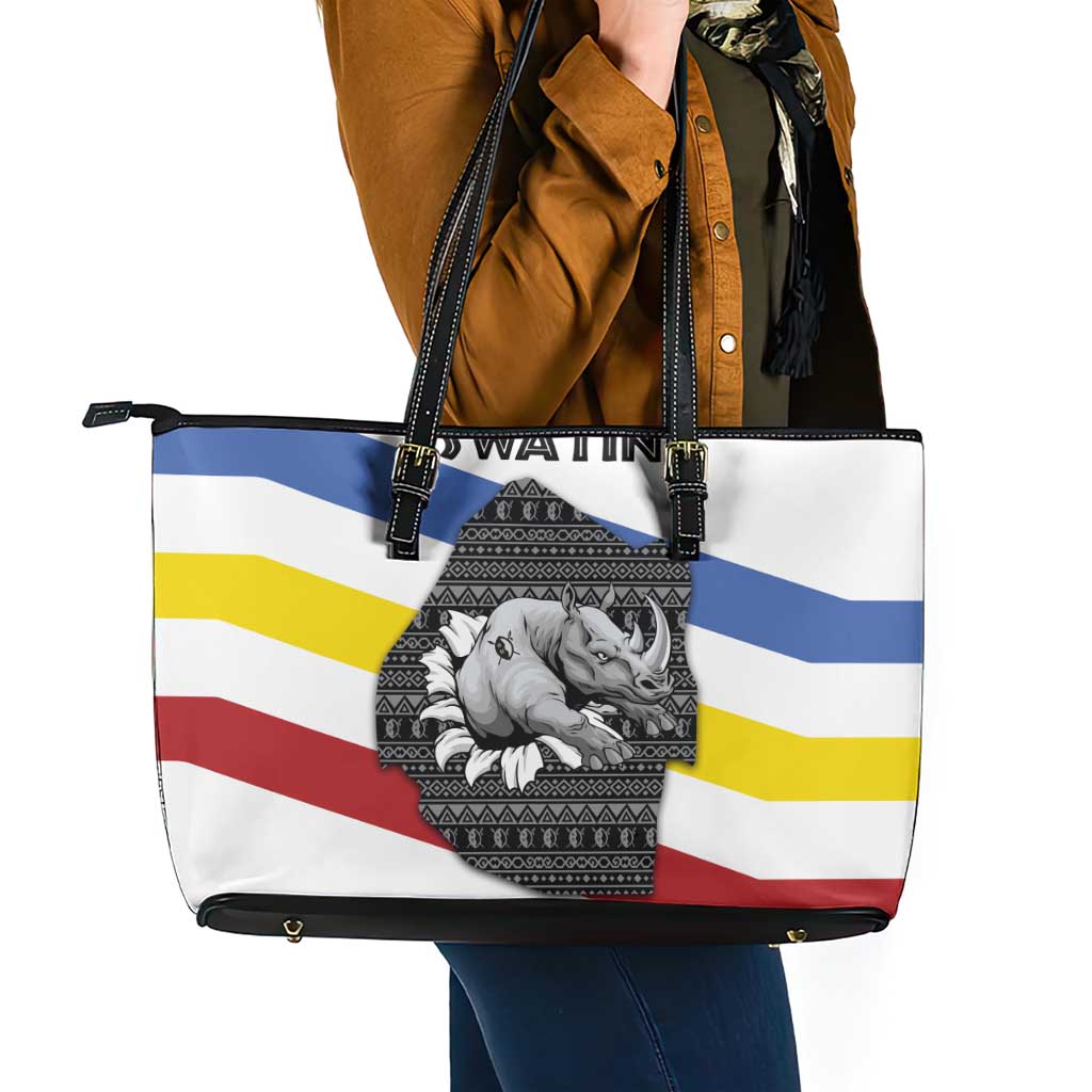 Eswatini Rhino Leather Tote Bag with African Map and Traditional Swazi Flag Patterns