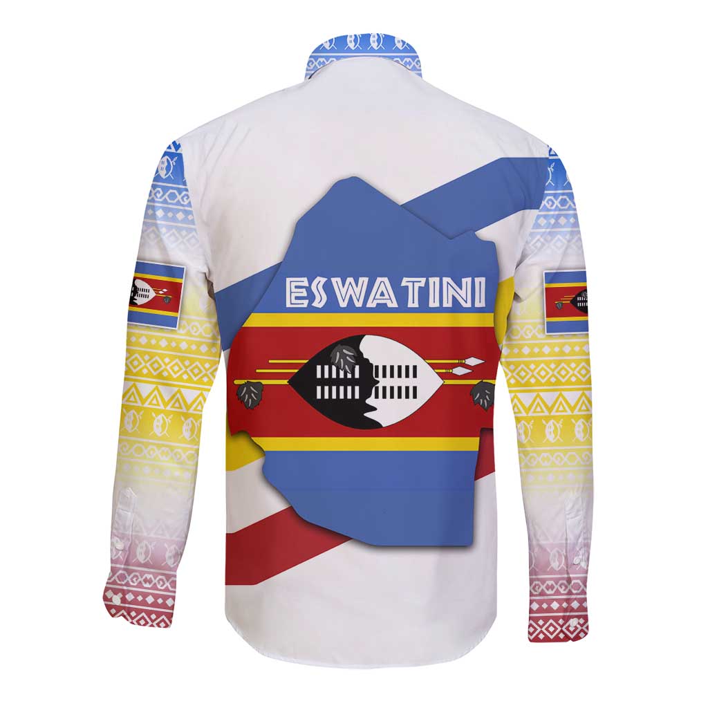 Eswatini Rhino Long Sleeve Button Shirt with African Map and Traditional Swazi Flag Patterns