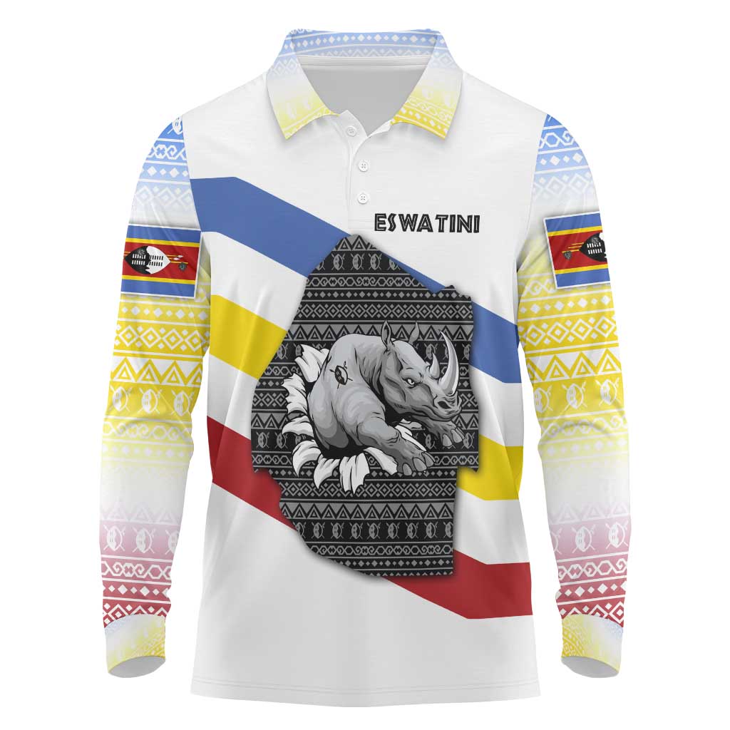 Eswatini Rhino Long Sleeve Polo Shirt with African Map and Traditional Swazi Flag Patterns