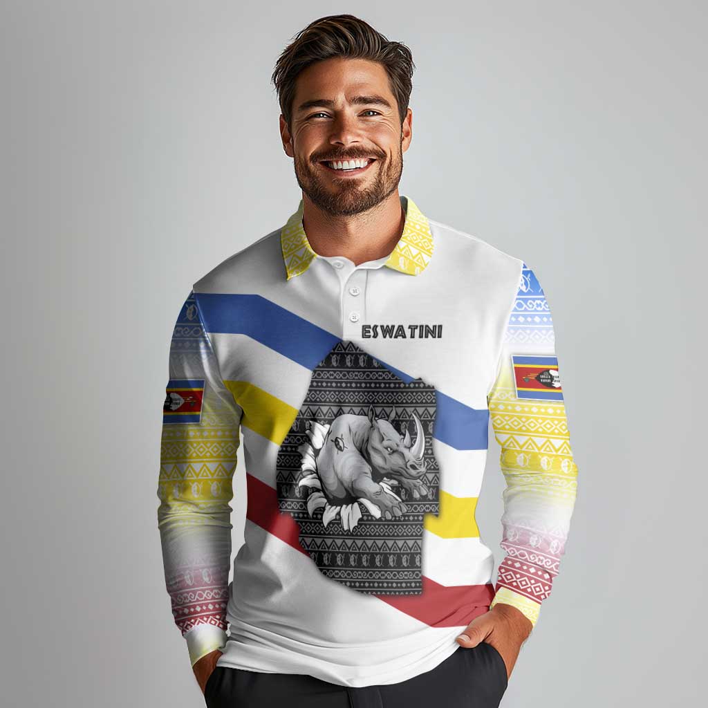 Eswatini Rhino Long Sleeve Polo Shirt with African Map and Traditional Swazi Flag Patterns