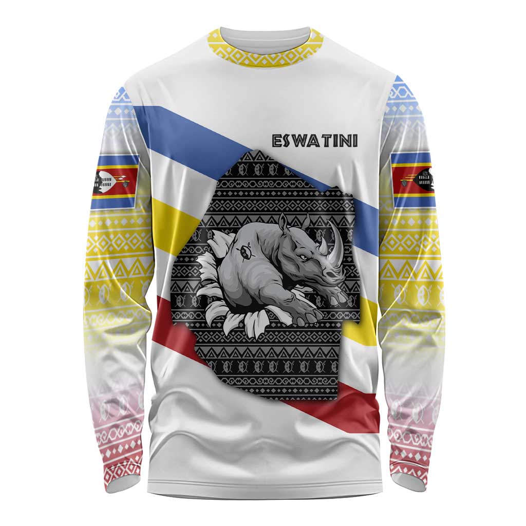 Eswatini Rhino Long Sleeve Shirt with African Map and Traditional Swazi Flag Patterns