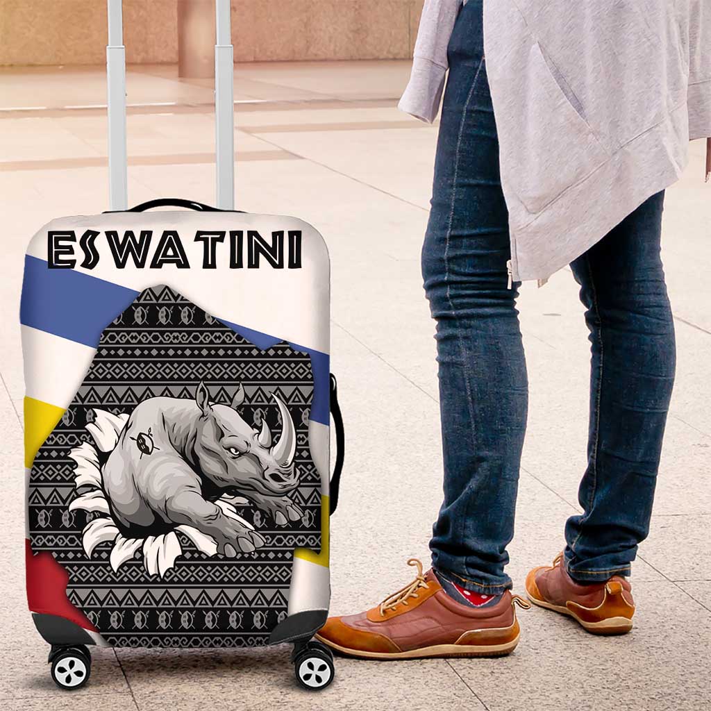 Eswatini Rhino Luggage Cover with African Map and Traditional Swazi Flag Patterns