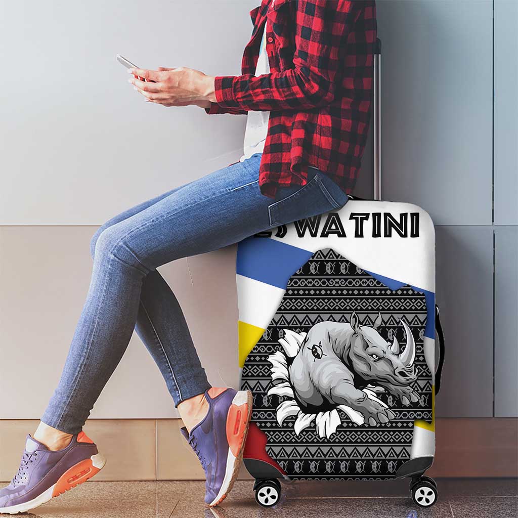 Eswatini Rhino Luggage Cover with African Map and Traditional Swazi Flag Patterns