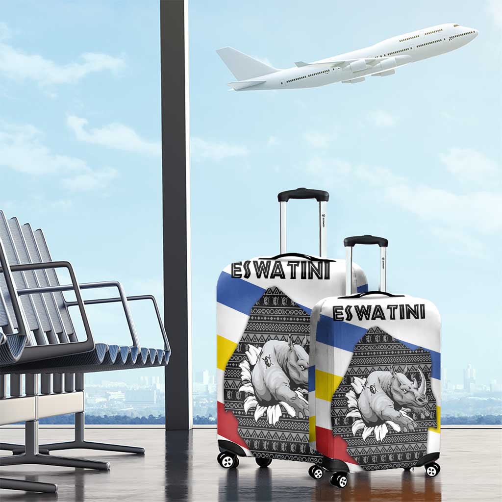 Eswatini Rhino Luggage Cover with African Map and Traditional Swazi Flag Patterns