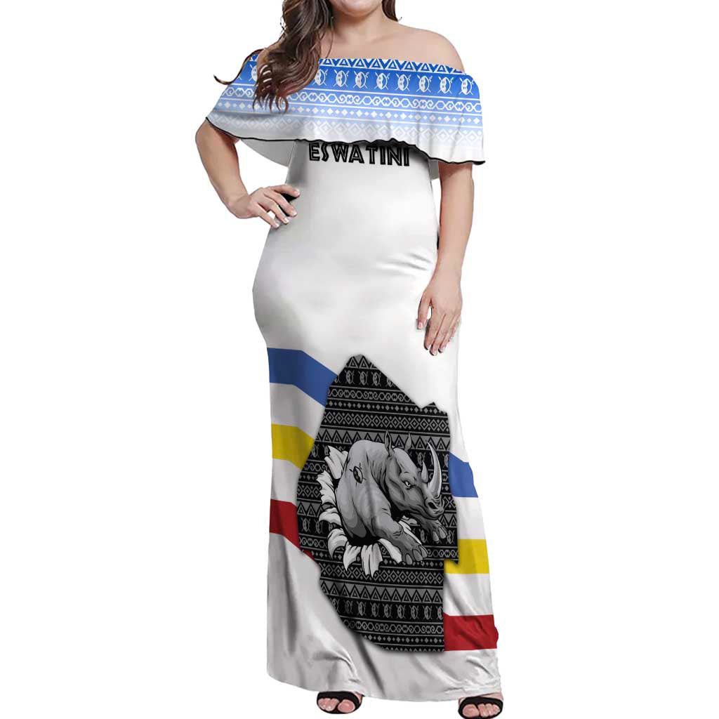 Eswatini Rhino Off Shoulder Maxi Dress with African Map and Traditional Swazi Flag Patterns