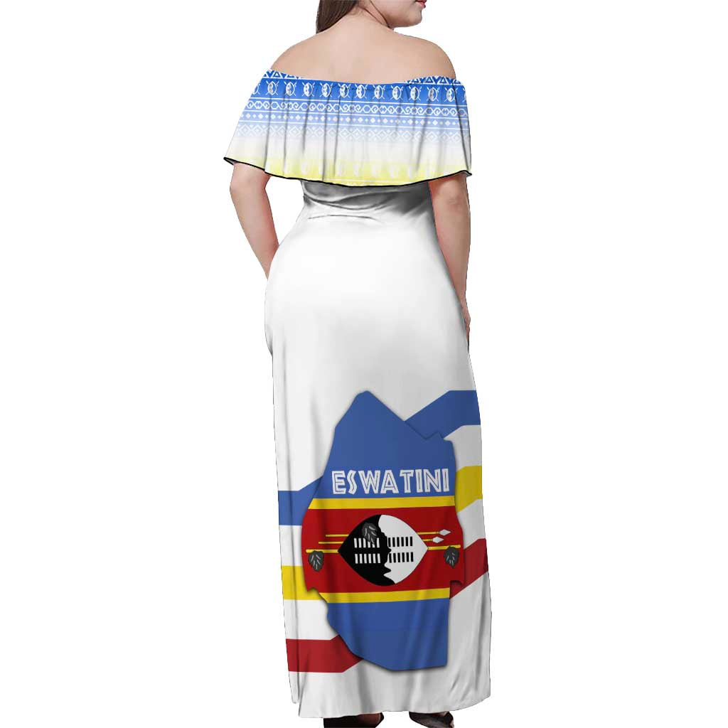 Eswatini Rhino Off Shoulder Maxi Dress with African Map and Traditional Swazi Flag Patterns