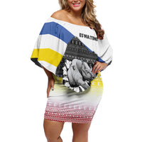 Eswatini Rhino Off Shoulder Short Dress with African Map and Traditional Swazi Flag Patterns