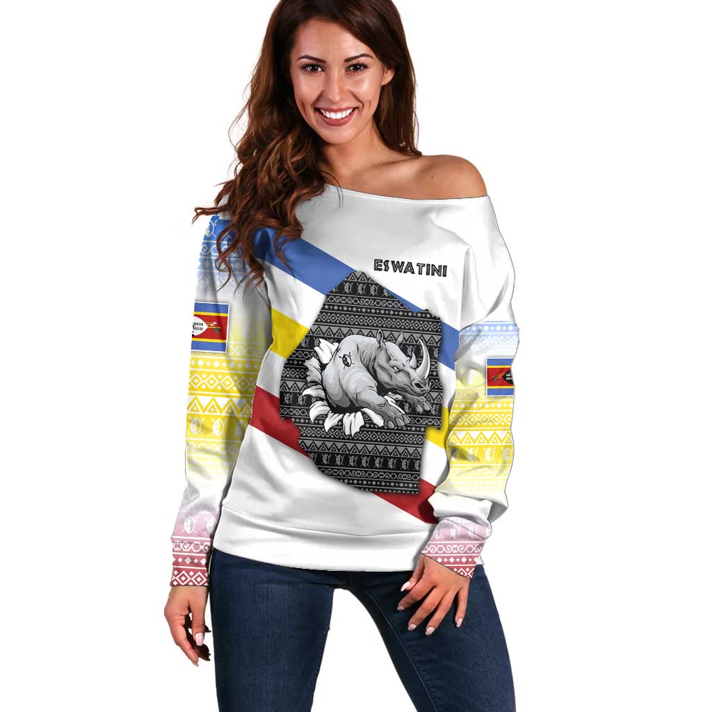 Eswatini Rhino Off Shoulder Sweater with African Map and Traditional Swazi Flag Patterns