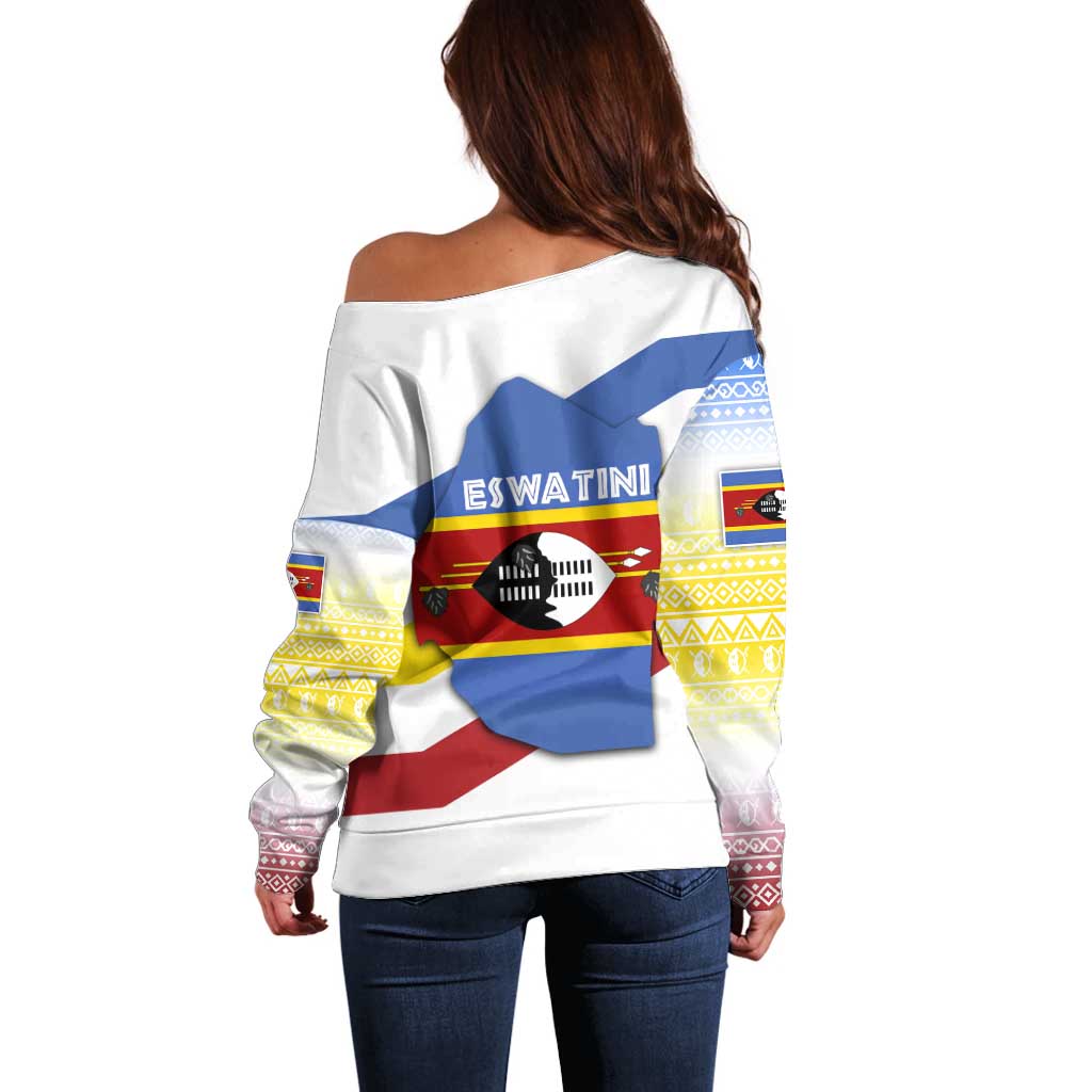 Eswatini Rhino Off Shoulder Sweater with African Map and Traditional Swazi Flag Patterns