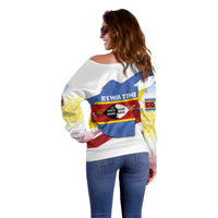 Eswatini Rhino Off Shoulder Sweater with African Map and Traditional Swazi Flag Patterns