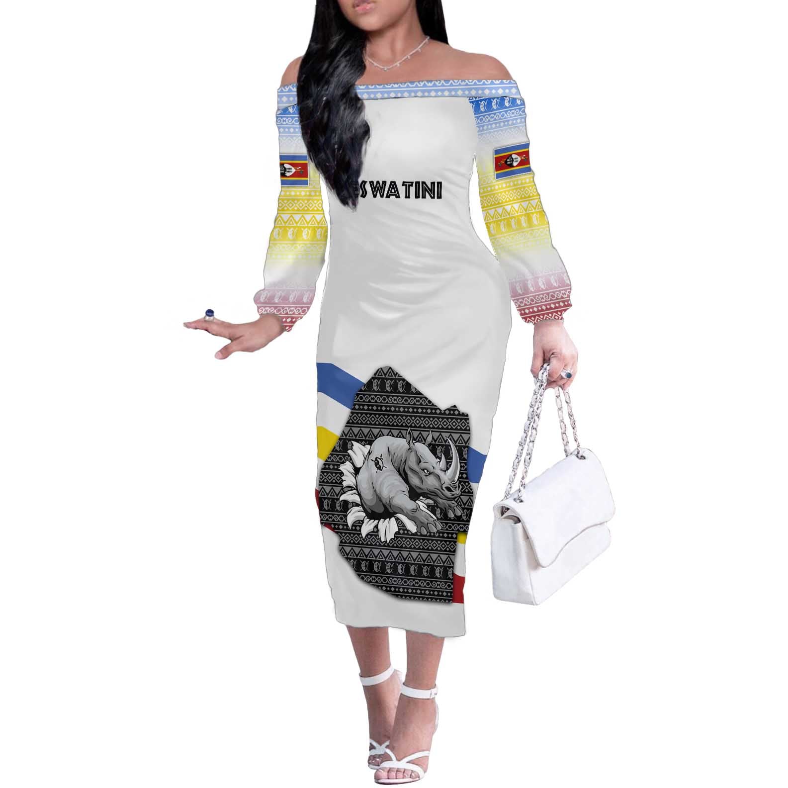 Eswatini Rhino Off The Shoulder Long Sleeve Dress with African Map and Traditional Swazi Flag Patterns