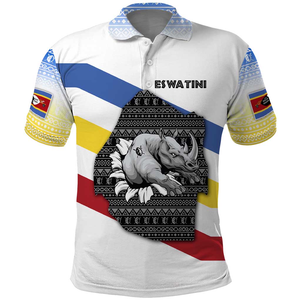 Eswatini Rhino Polo Shirt with African Map and Traditional Swazi Flag Patterns