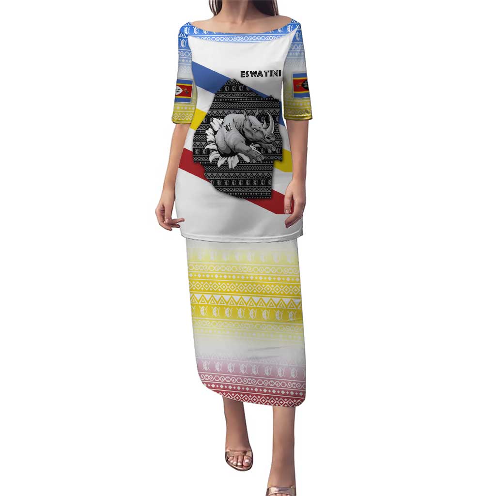 Eswatini Rhino Puletasi with African Map and Traditional Swazi Flag Patterns