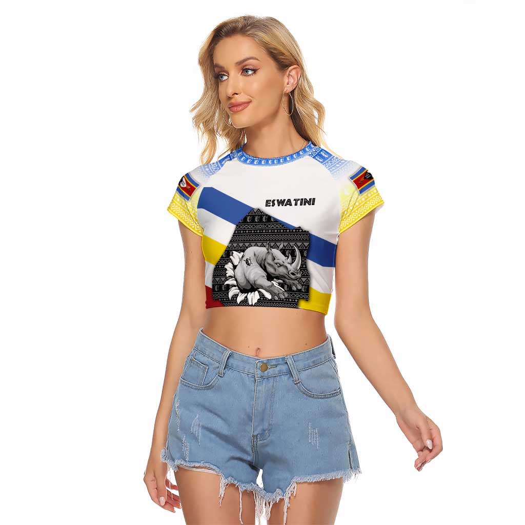 Eswatini Rhino Raglan Cropped T Shirt with African Map and Traditional Swazi Flag Patterns