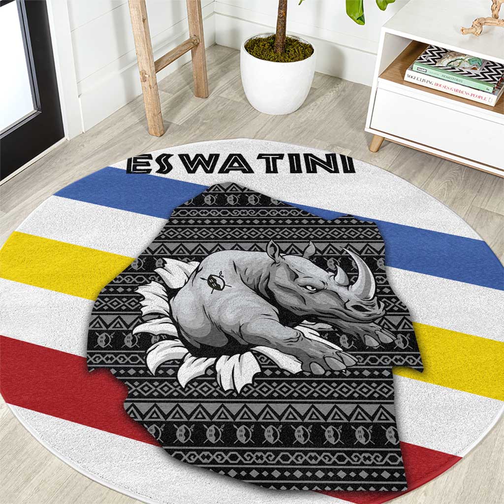 Eswatini Rhino Round Carpet with African Map and Traditional Swazi Flag Patterns