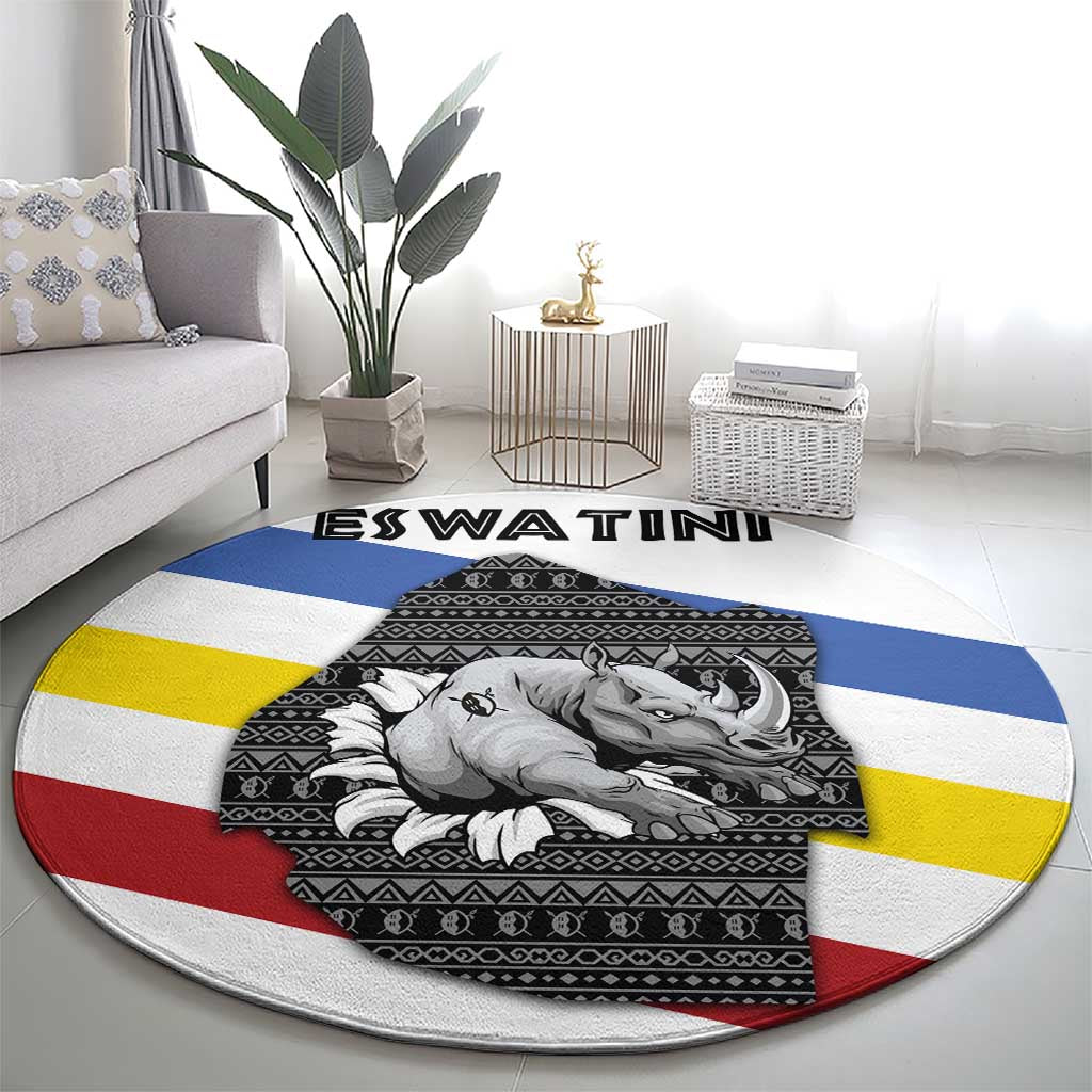 Eswatini Rhino Round Carpet with African Map and Traditional Swazi Flag Patterns