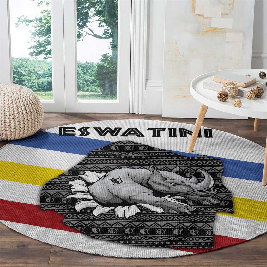 Eswatini Rhino Round Carpet with African Map and Traditional Swazi Flag Patterns