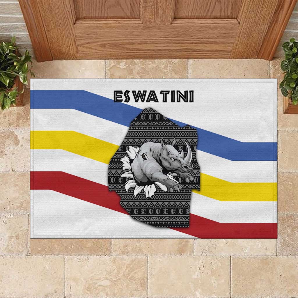 Eswatini Rhino Rubber Doormat with African Map and Traditional Swazi Flag Patterns