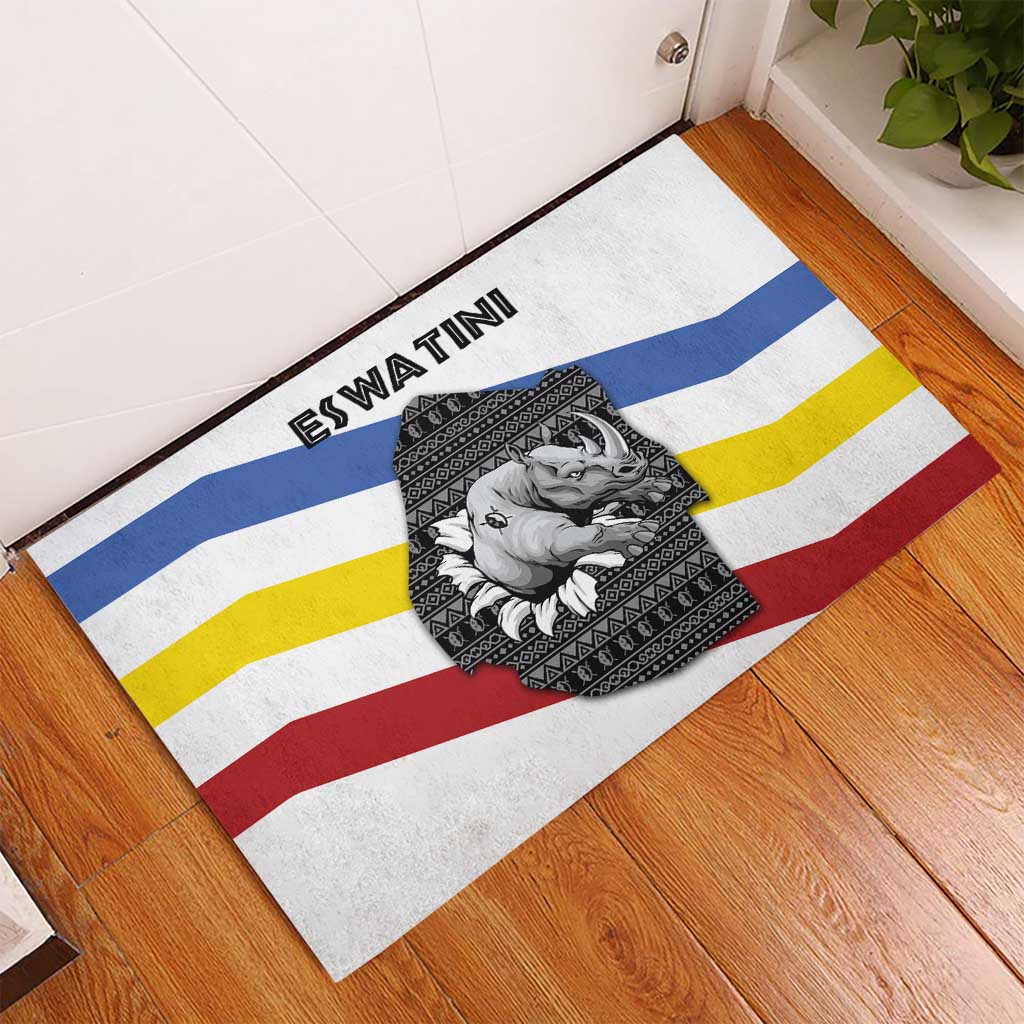 Eswatini Rhino Rubber Doormat with African Map and Traditional Swazi Flag Patterns