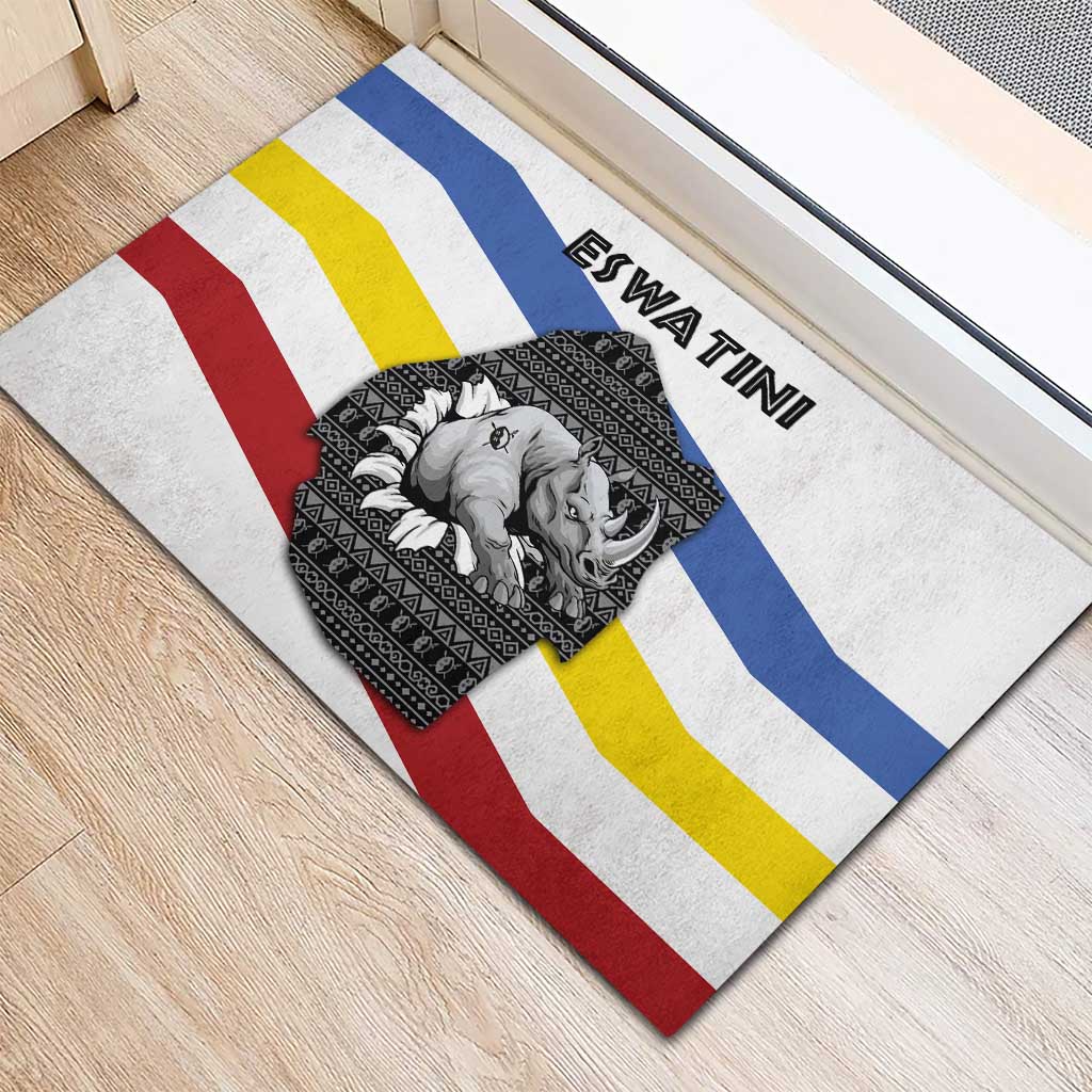 Eswatini Rhino Rubber Doormat with African Map and Traditional Swazi Flag Patterns