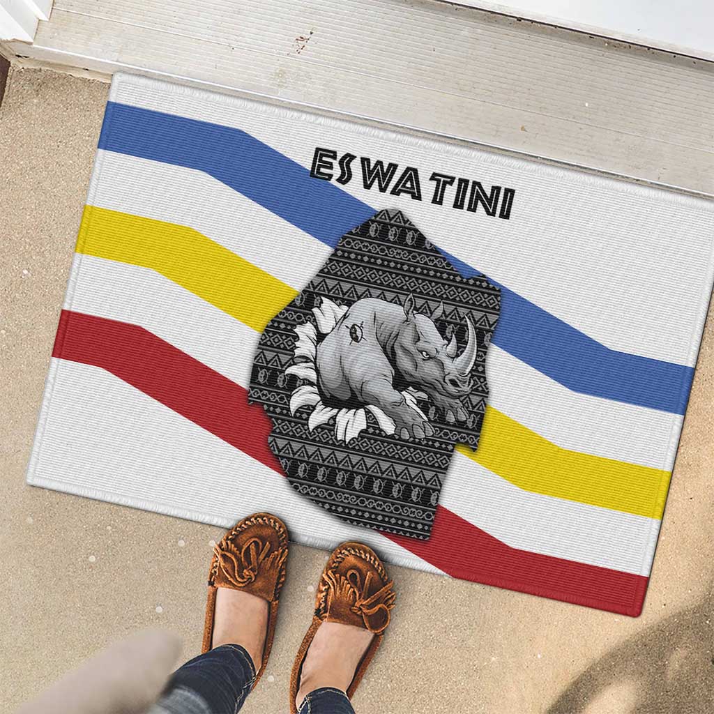 Eswatini Rhino Rubber Doormat with African Map and Traditional Swazi Flag Patterns