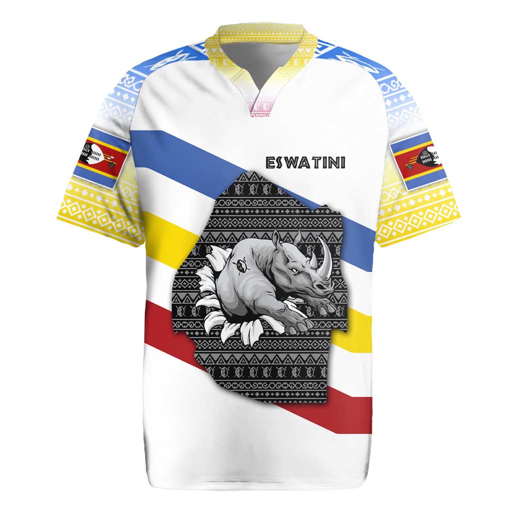 Eswatini Rhino Rugby Jersey with African Map and Traditional Swazi Flag Patterns
