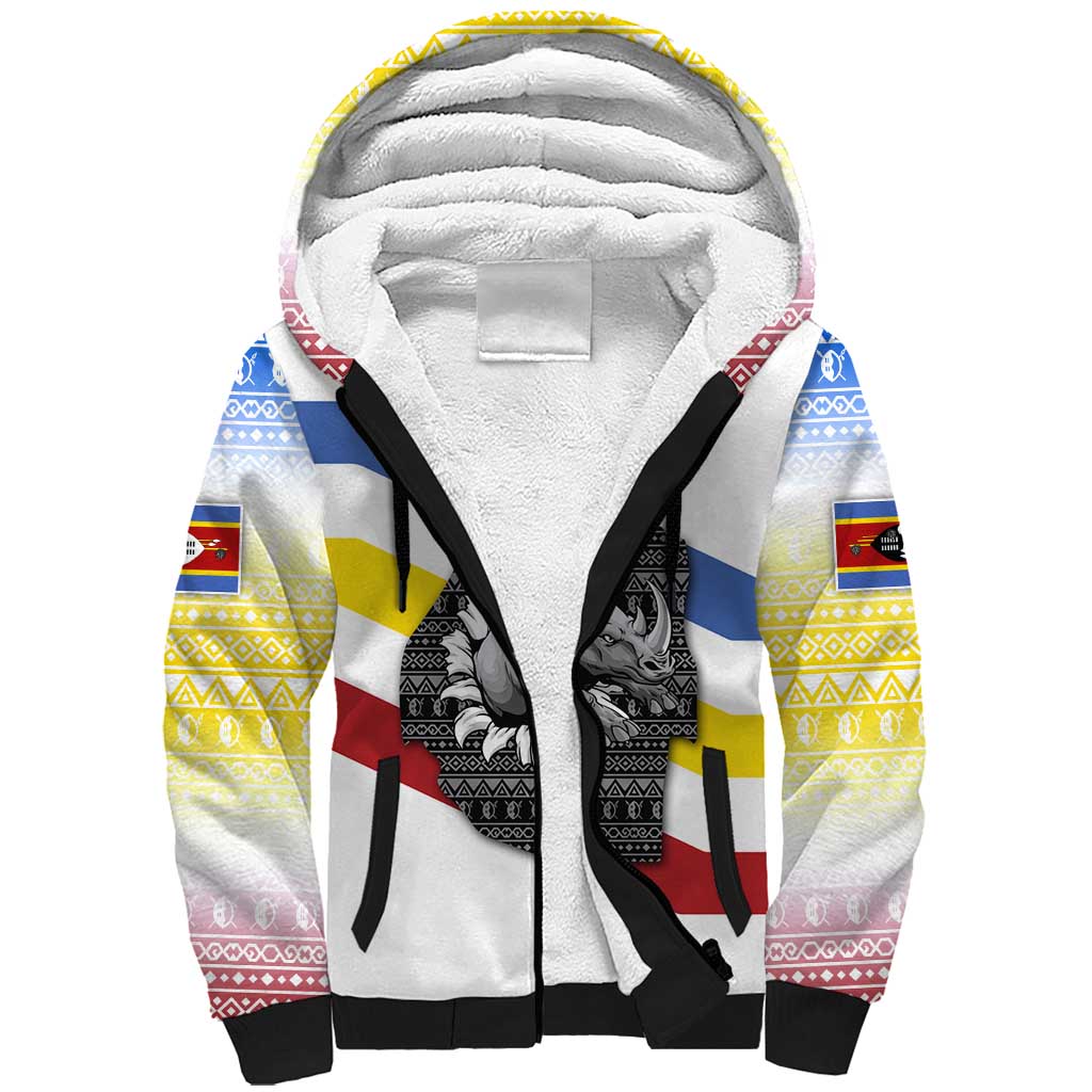 Eswatini Rhino Sherpa Hoodie with African Map and Traditional Swazi Flag Patterns
