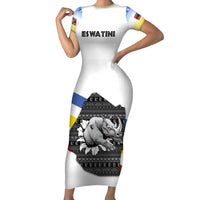 Eswatini Rhino Short Sleeve Bodycon Dress with African Map and Traditional Swazi Flag Patterns