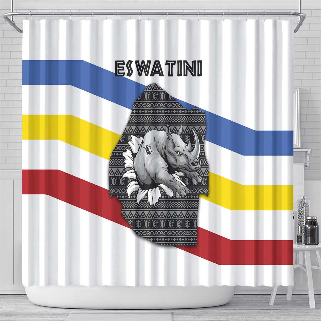 Eswatini Rhino Shower Curtain with African Map and Traditional Swazi Flag Patterns