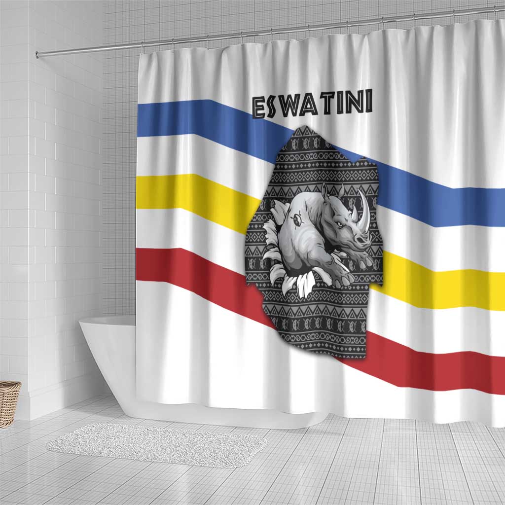 Eswatini Rhino Shower Curtain with African Map and Traditional Swazi Flag Patterns