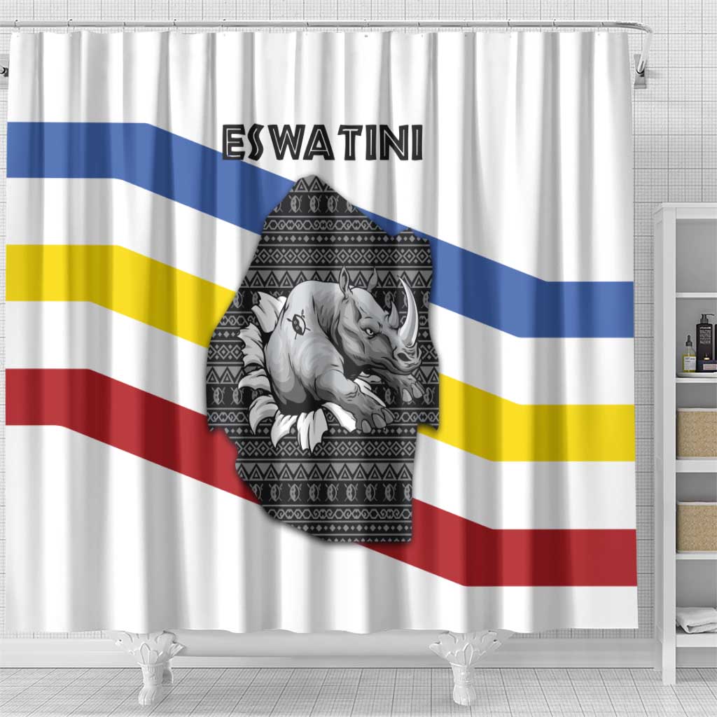 Eswatini Rhino Shower Curtain with African Map and Traditional Swazi Flag Patterns