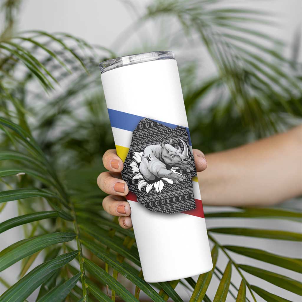 Eswatini Rhino Skinny Tumbler with African Map and Traditional Swazi Flag Patterns